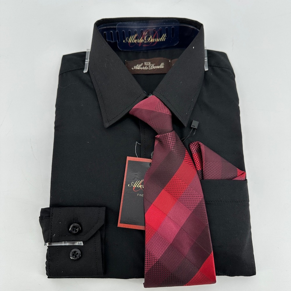 Alberto Danelli Boys Black Dress Shirt Tie Pocket Square Set 4T K84067B-4T